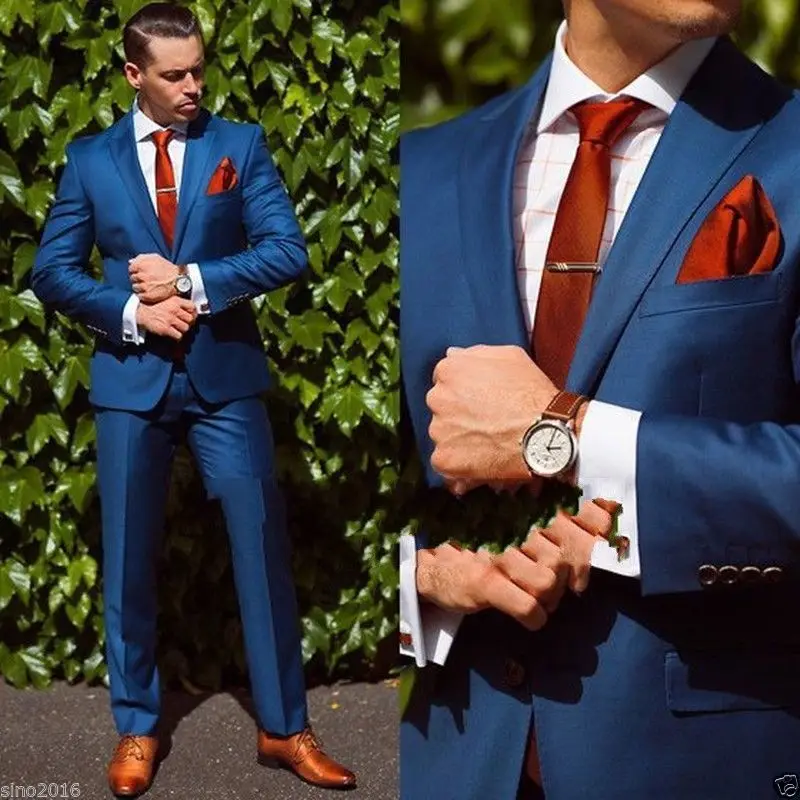 (jacket+pant+tie+handkerchiefs)bule Wedding Suit For Men Formal Groom
