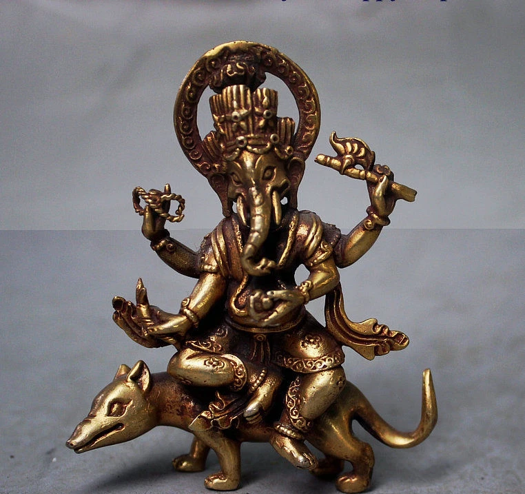 

Tibet buddhism Fane bronze gilt Mammon Ganesha Elephant Buddha ride mouse Statue