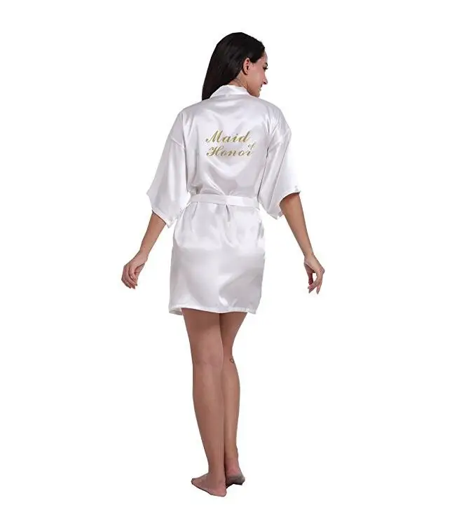 RB85 Maid of Honor Letter Golden Glitter Print Kimono Robes Faux Silk Women Bachelorette Wedding Preparewear Bridal Party Robe