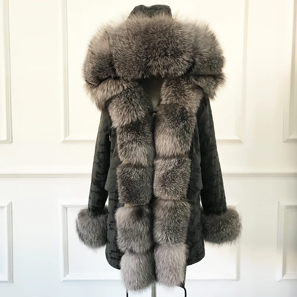 

High Quality Hooded real rex rabbit fur liner parkas wholeskin rabbit women fur coat natural fox fur jacket real fur parka femme
