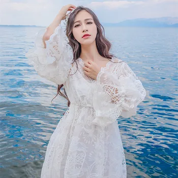 

Spring Beach Women Long Dresses Royal Embroidery Hollow Out Elegant V-neck Clothes Vintage Long Female Sexy Lace Dress Vestidos
