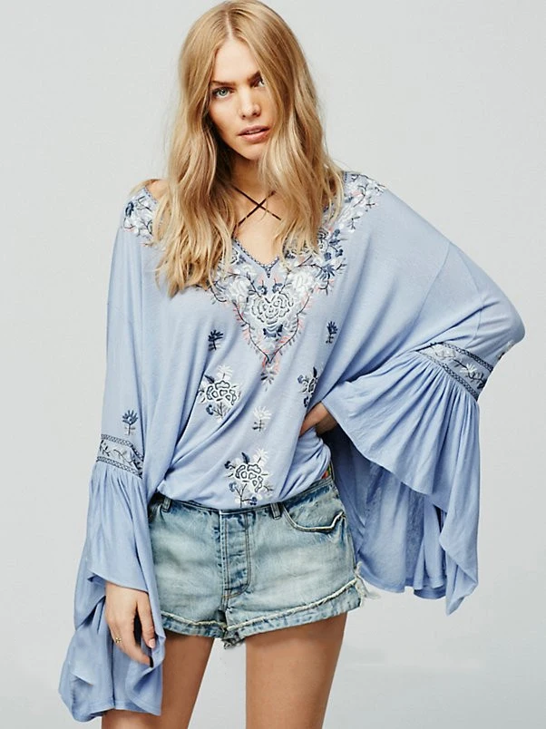 2018 Bohemian Vestido Women Tops Blouse Boho Cotton Embroidery Floral V