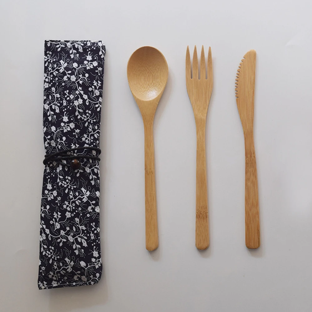4 Pcs / Set Bag + Knife + Fork Japanese Style Bamboo Eco friendly
