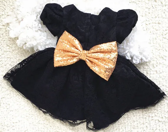 Black knee-length flower girl dresses with gold sequin bow girls short sleeve draped Frocks For Toddler Kids birthday Dress Black knee-length flower girl dresses with gold sequin bow girls short sleeve draped Frocks For Toddler Kids birthday Dress