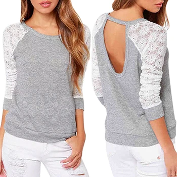 

Women's Long Sleeve Sexy Lace Shirts Backless Embroidery Knitted Tops Pullover