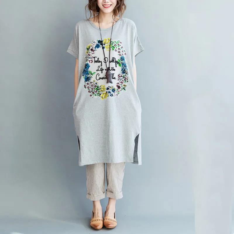 

Johnature 2019 Spring Summer Casual o-neck Long Short Shirt Large Size Women Plant Flower Print Long Comfortable T-shirt
