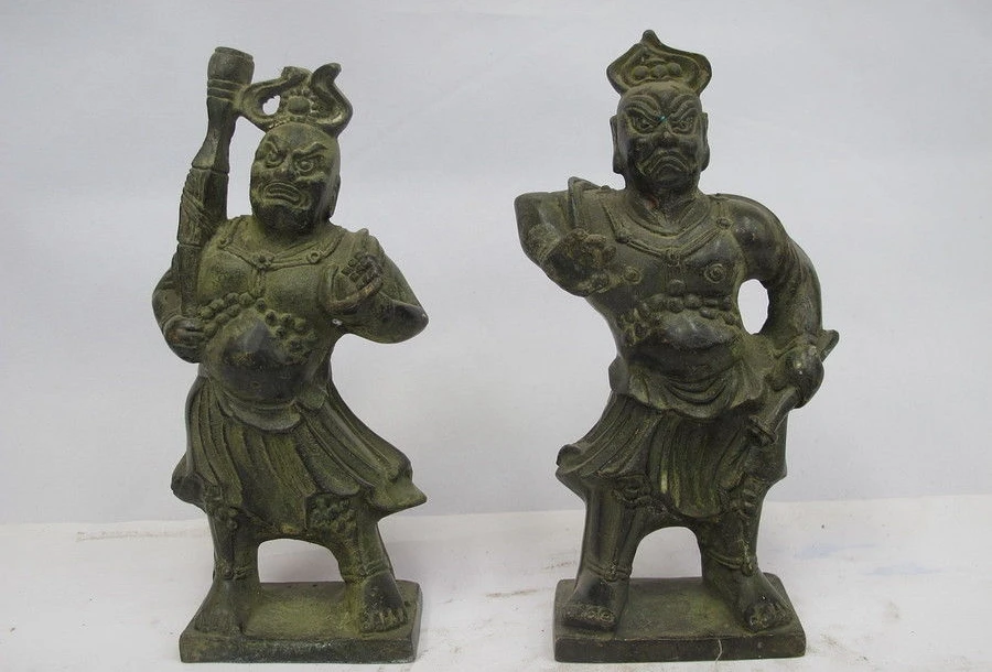 

Chinese Folk temple Bronze Door deity Deva kings Heng Ha warrior God Statue Pair a 0518