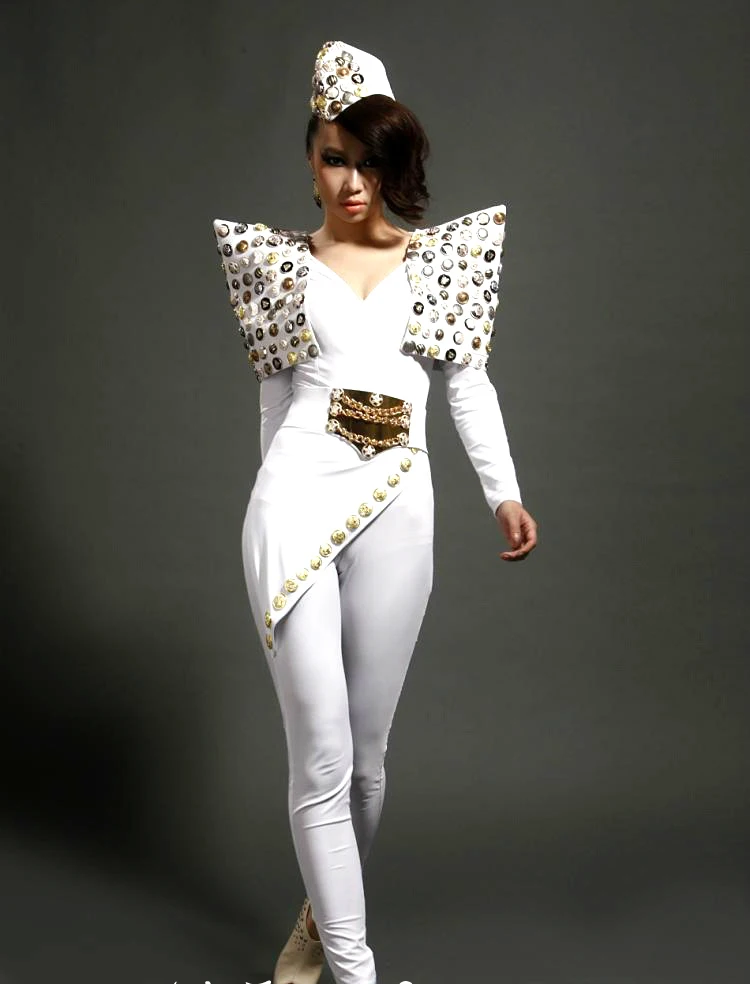 Sexy White Jumpsuit Female Adult Bodysuit DJ DS Singer Nightclub Party Costume Women'S Stage Leggings Beyonce Costume DL3980