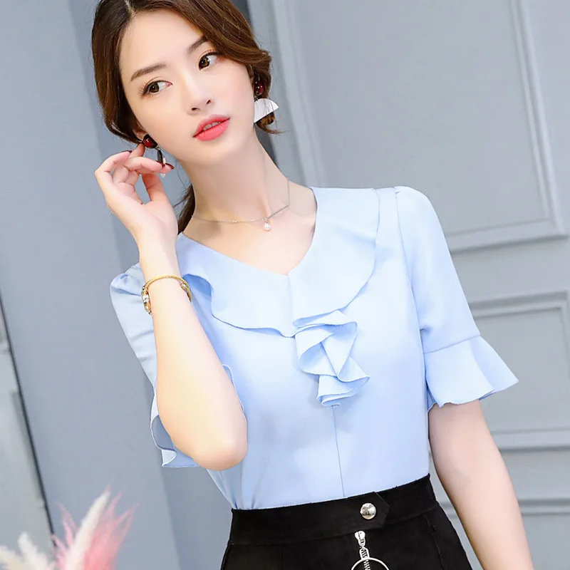 

Summer Women 2019 Solid Ruffle Sleeve Korean Slim White Shirt V-Neck SleeveCasual Chiffon Blouse OL Office lady Fashion Blouses
