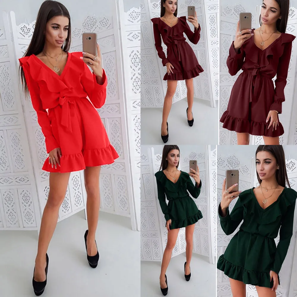 

V Neck Ruffles Beach Party Dress Women Long Sleeve Above Knee Dress Slim Soft Touch Solid Lacing Dress Summer New Arrival 2019