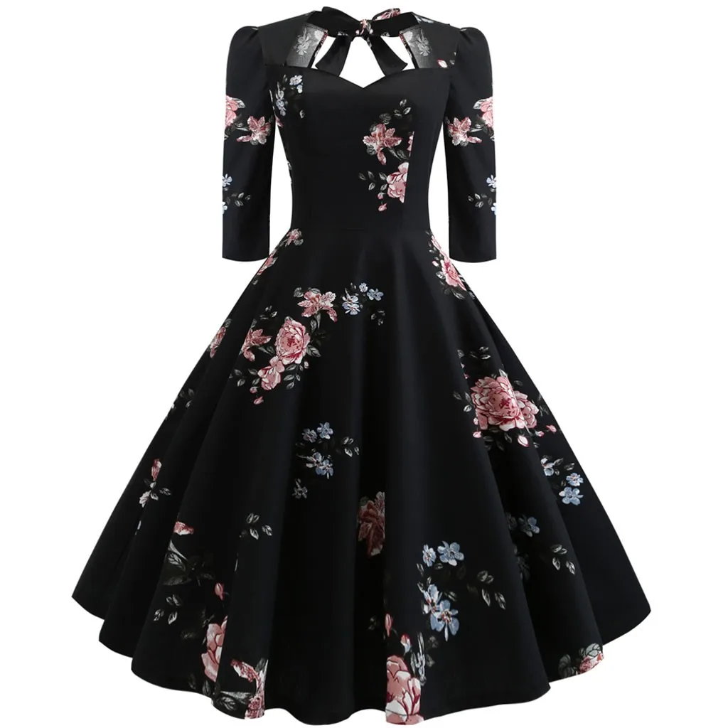

Feitong 2019 Dress Women Vestidos Verano Women Vintage Printing Bow Ball Gwn Casual Evening Party Prom Swing Dress