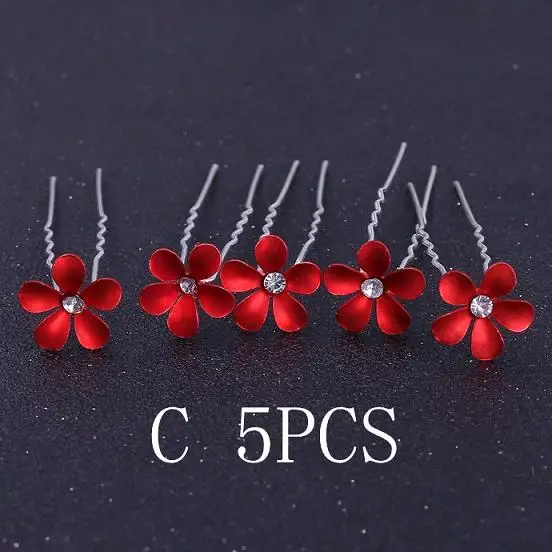 C 5PCS 5 шт./компл. Для женщин Стразы Красная роза цветок Шпильки зажимы Свадебные головной убор невесты заколки для волос Средства для укладки волос - Окраска металла: C 5PCS