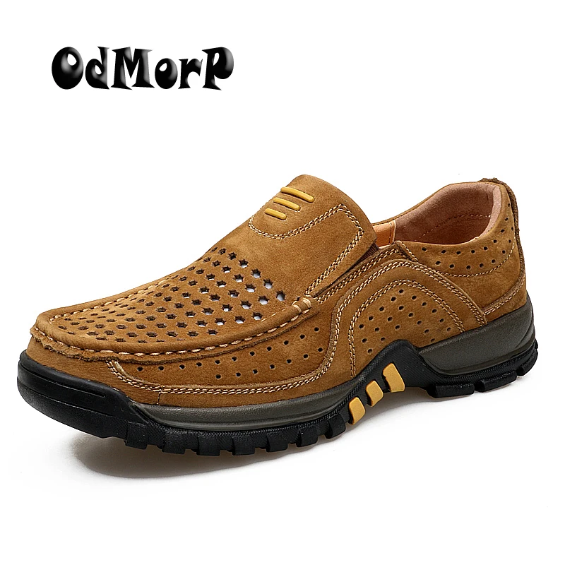 ODMORP/Летняя обувь из натуральной кожи; дышащая мужская обувь; цвет коричневый; модная дизайнерская Повседневная обувь; слипоны; лоферы; качественная резиновая обувь