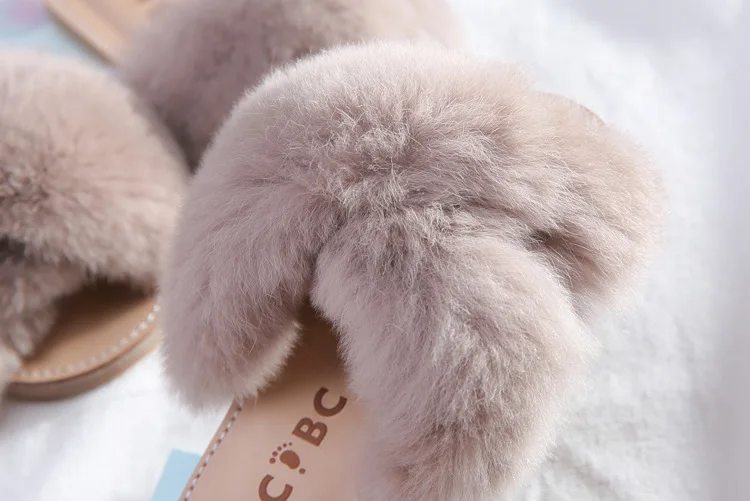 New Spring Plush Slippers Girls Slippers Real Rabbit Fur Shoes Open Toe Slippers All-match Childrens Shoes Summer Home Slippers