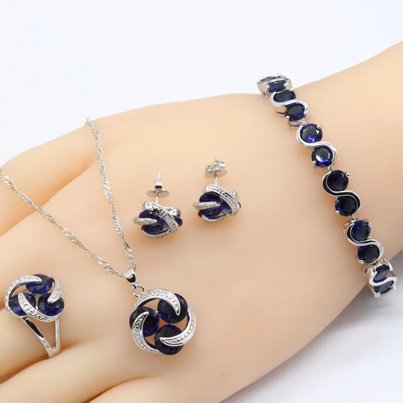 

925 Sterling Silver Necklace Sets For Women Three Round Dark Blue Zircon Bridal Jewelry Sets Choker Ring Stud Earrings Bracelet