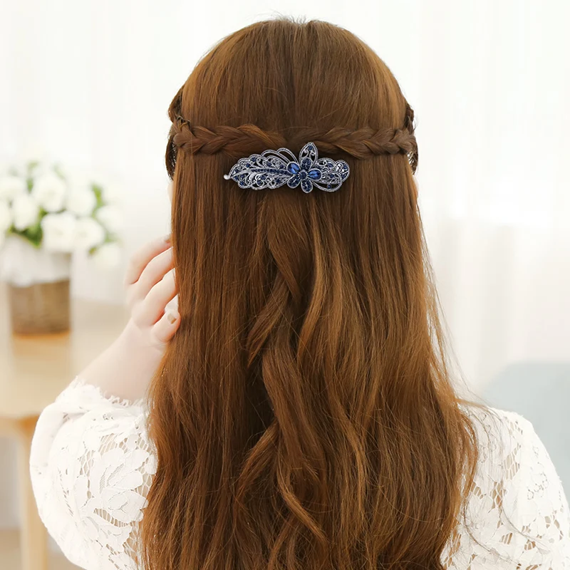 EASYA Blue Peacock Hairpins Rhinestone Crystal Flower Leaf Hair Clip Barrettes Vintage Hair Accessories Jewelry For Women Girls - Image 6