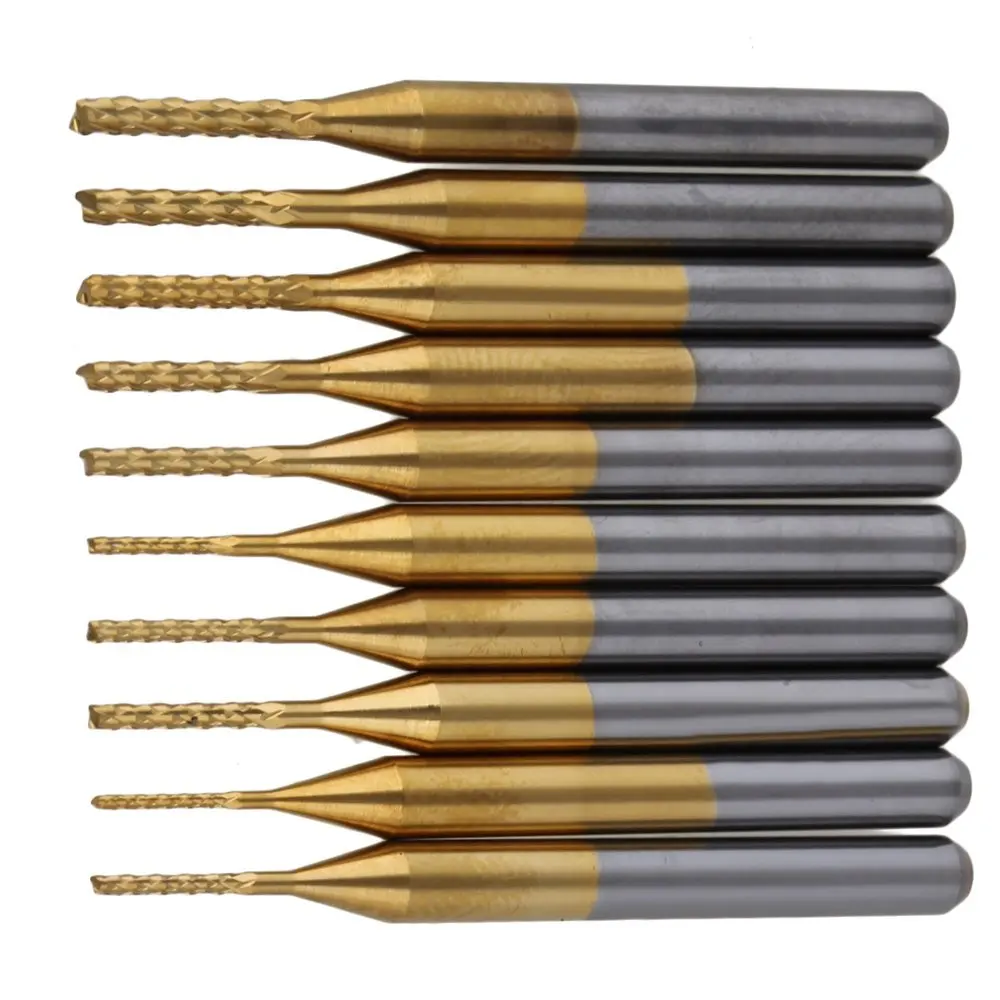 

3.175mm Shank Dia Gold Titanium CNC PCB Rotary Burrs Coated Cutter Carbide End Mill Set Pack of 10 (0.6-1.5MM)