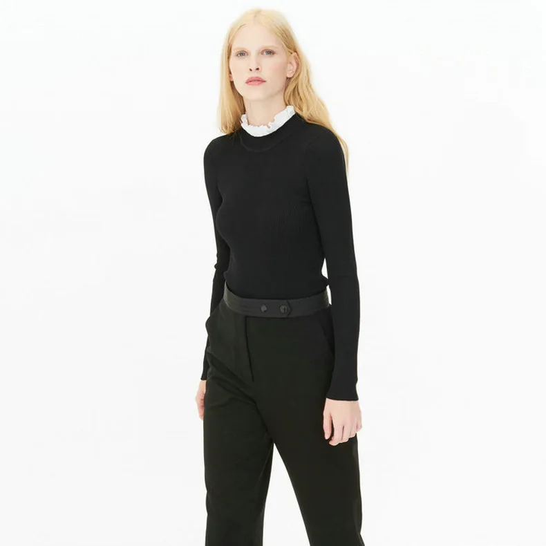 2018 Spring Women Brand Black long sleeves Ruffle Turtleneck Contrast Petal Collar Sweater 