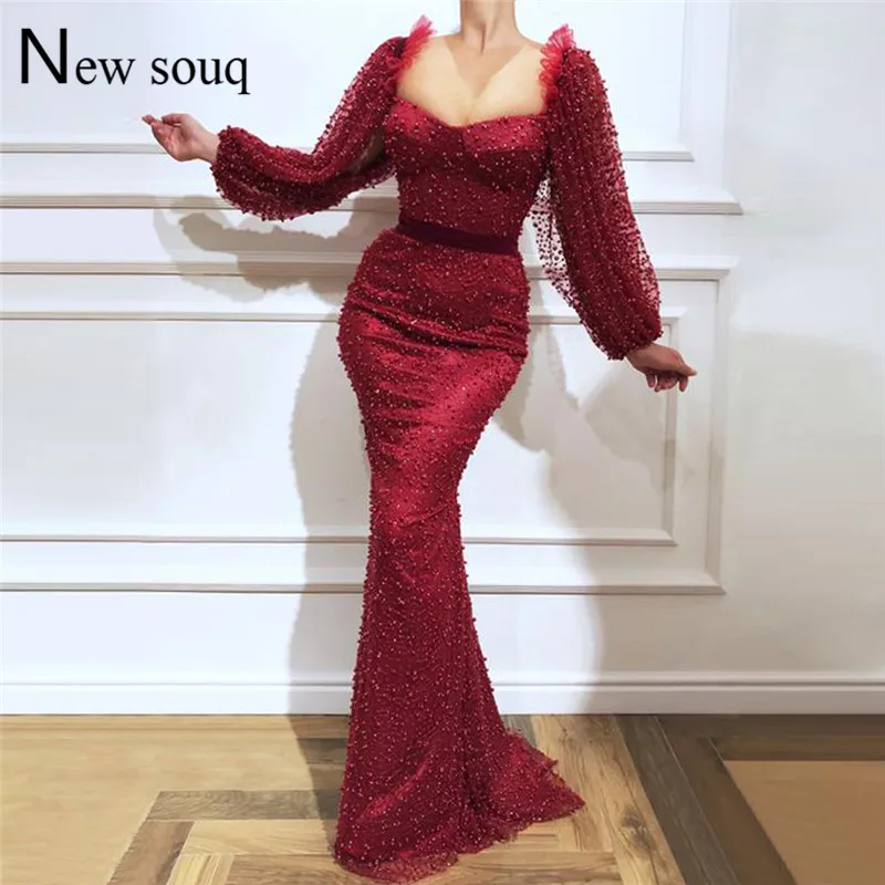Mermaid Evening Dress Long Sleeves Beaded Prom Dresses Gowns Robe De Soiree 2019 Arabic Dubai Abaya Sexy Party Gowns Custom Made