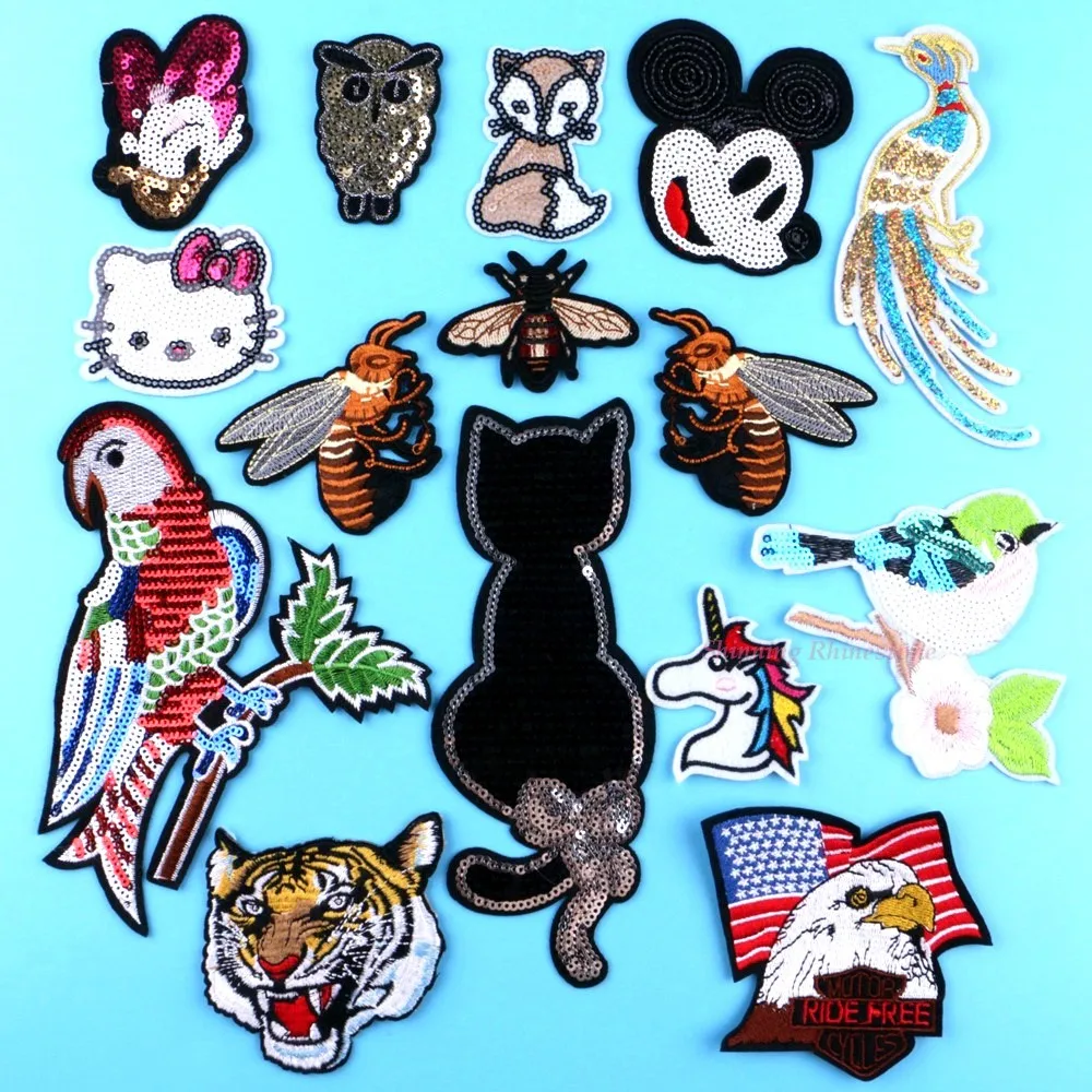 

Animal Patches Sew On Appliques Iron On Sequined PatchesHotfix Embroidered Motifs Eagle Owl Bee Bird Cat Tiger Bug Fox 1pc/pack