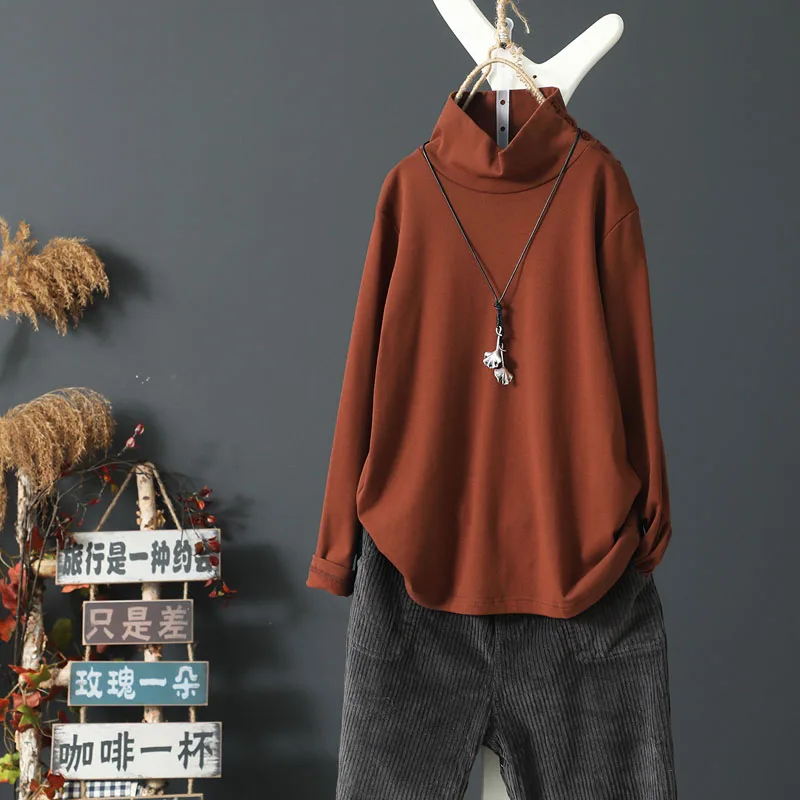 

QPFJQD Autumn Winter Women Turtleneck Velvet Tops Ladies Vintage T-Shirt Long Sleeve Basic Casual Plus Size Tee Shirt Femme