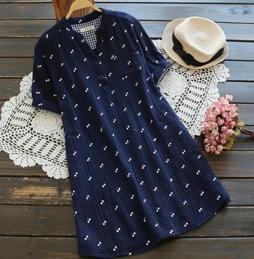 blue short sleeve Весенне-летняя винтажная блуза с v-образным вырезом и длинным рукавом, Женская хлопковая длинная рубашка, топы - Цвет: blue short sleeve