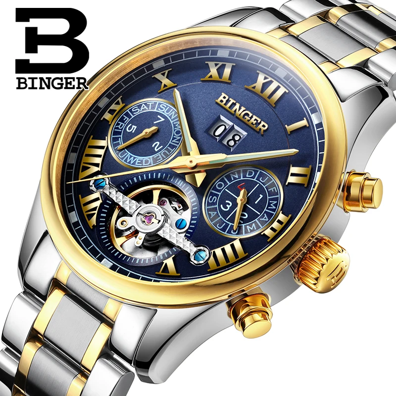 Switzerland BINGER мужские часы люксовый бренд турбийон сапфир светящиеся