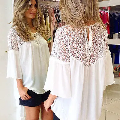 

Sexy Womens Summer Lace Sleeve Shirt Crew Tops Fashion Ladies Shirt Blouse