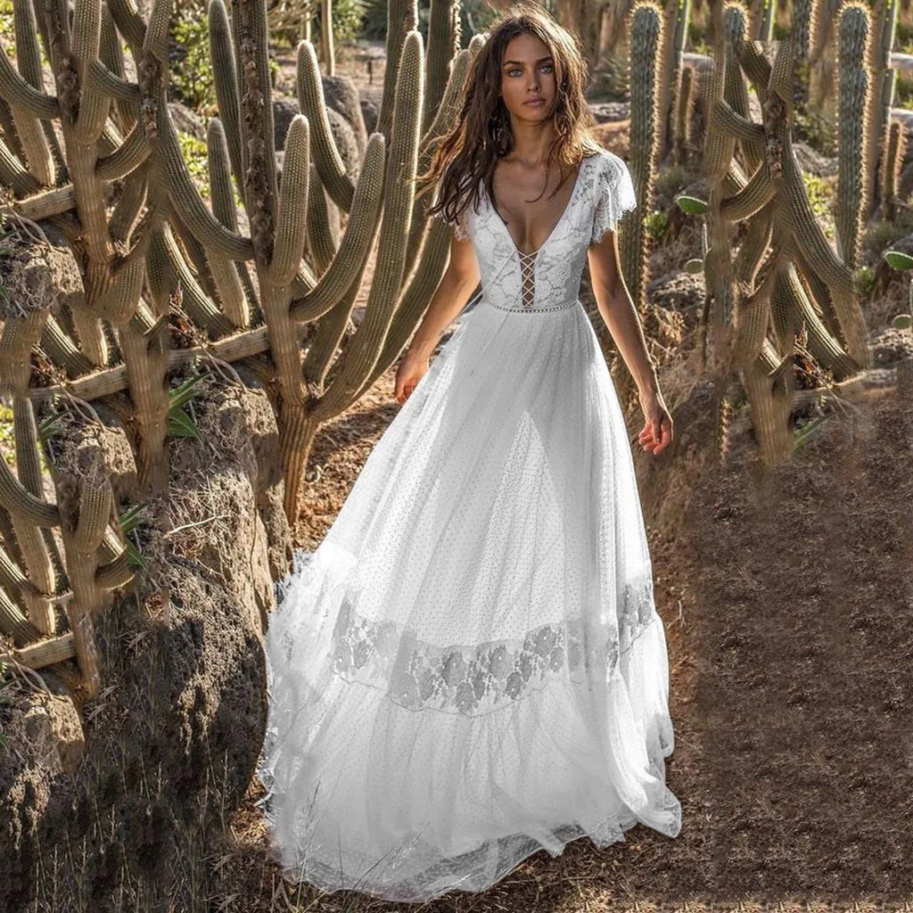 

2019 Summer Women's Deep V Beach Dresses Slings White Tunic Backless Casual Sexy Vacation Vestidos