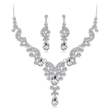 

Hot Women Jewelry Set Elegant Rhinestone Teardrop Pendant Wedding Necklace Earrings for women gift