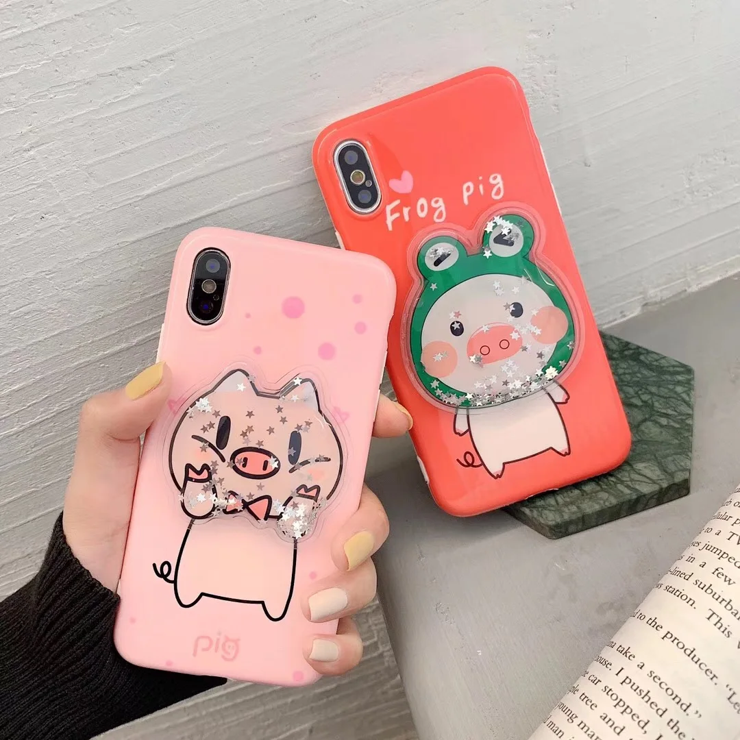 Cute animal pink pig frog couple liquid quicksand kneading phone case For iphone Xs MAX XR