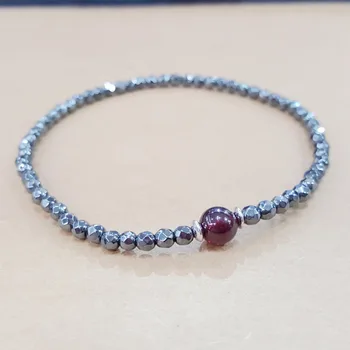 

LiiJi Unique Natural Stone Hematite 3mm Faceted Garnet 5-6mm Round Beads 925 Sterling Silver Beads Elastic Bracelet