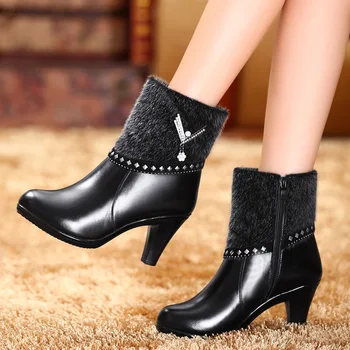 

Women Winter Shoes Women Genuine Leather Natural Wool Boots Brand Women Shoes High Quality Mid Calf Boots With Platform