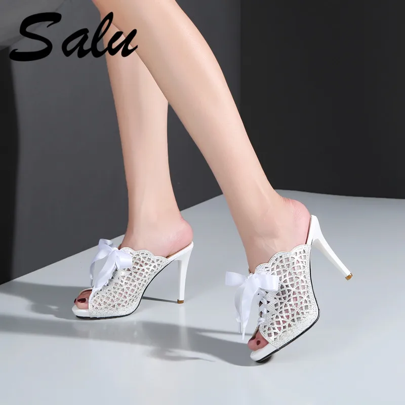 

Salu Fashion Elegant Women Sandals 2019 Summer Leather Women Sandals Peep Toe High Heels Party Wedding Shoes Woman White