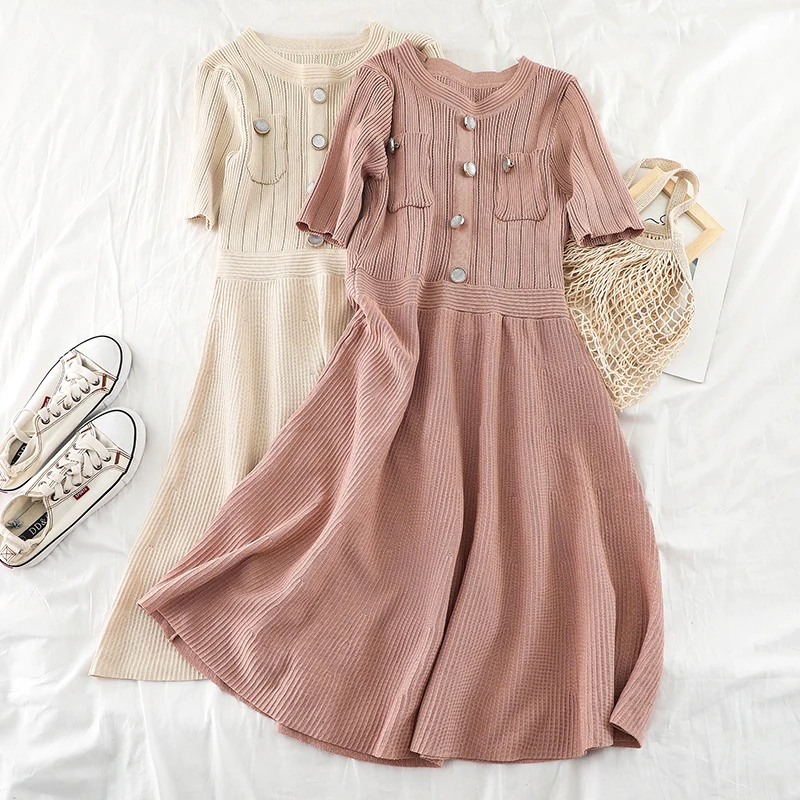 

2019 new fashion women's dresses V-neck temperament slim short-sleeved waist slimming bottoming knit dress H402