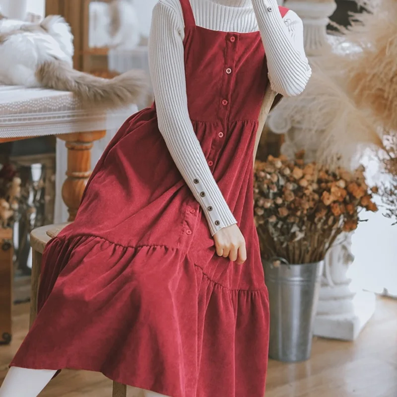 

Mori Girl Autumn Winter Women Sundress Suspenders Buttons Ruffles Lolita Style Vestido Kawaii Corduroy Preppy Elegant Long Dress