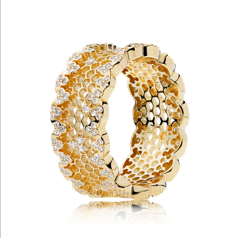 

2018 Bee series 100% 925 Sterling silver Golden SHINE HONEYCOMB LACE RING Fit Original panqiou Charm For Women Wedding Ring