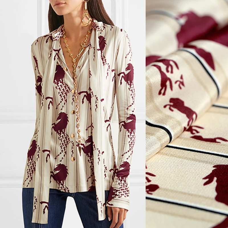 

138CM 16MM Dark Red Horse Print Thin Silk Crepe De Chine Fabric Good for Summer Dress Skirt Shirt Scarf Pants DE991