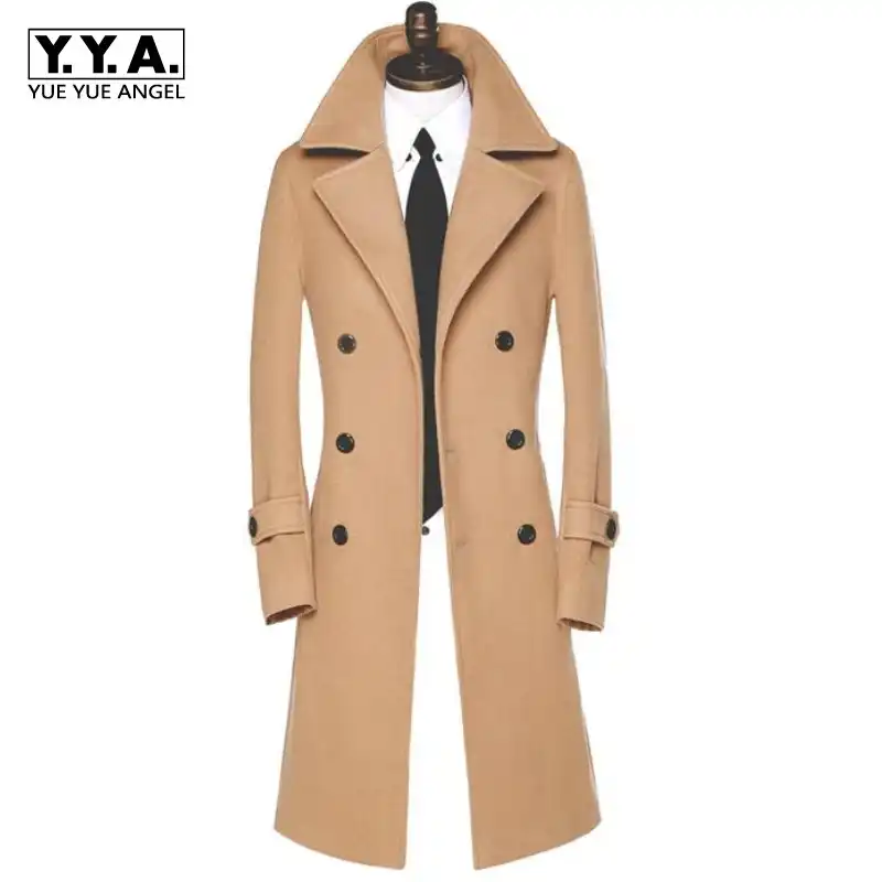 Mens British Slim Fit Long Over coat Outwear Lapel Woolen Parka Winter 2018