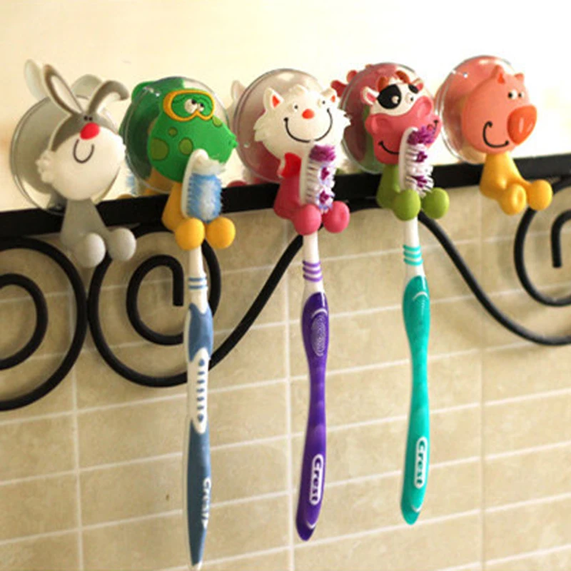 1X Animal Cute Cartoon Suction Cup Toothbrush Holder Bathroom Set Wall