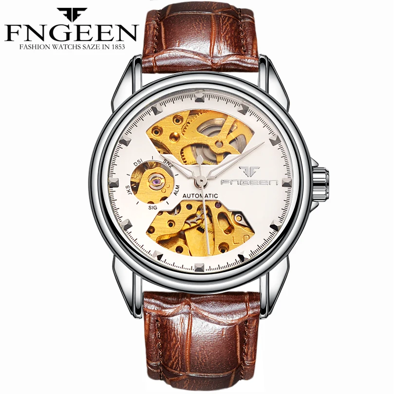 

Stainless Steel Solid Band Automatic Watch Skeleton Dial FNGEEN Luxury Business Classic Watch Relogio Masculin