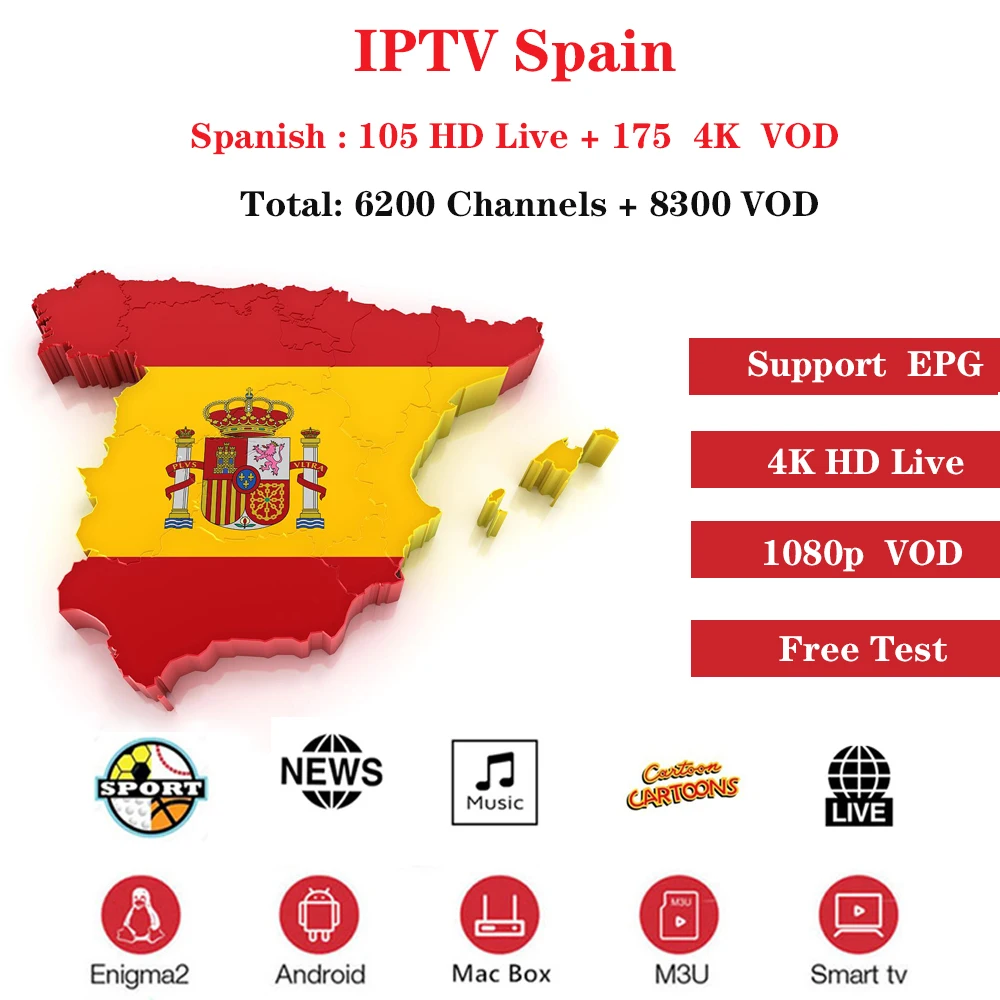 

Spain IPTV M3U Subcription 3 month and 6 month Spanish Pirtuguese Greek English Russian French sky Sport Cinema Music Kids Adult