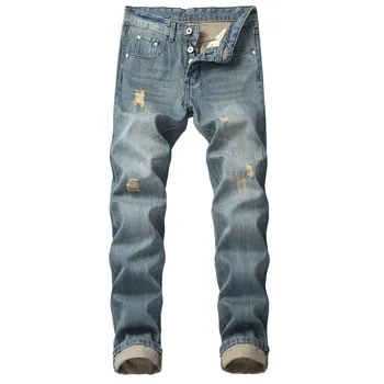 

2019 New Men's Hole Straight Slim jeans Button Nostalgic Men's Wear tattered no Elastic Large size Denim pants More Size 28-42