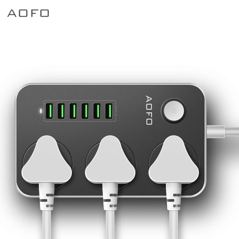 Power socket with 3-way socket 6 USB ports Surge protection power board with 2M thick extension cable Smart USB charger