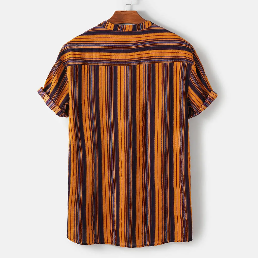 Мужская полосатая рубашка, летняя уличная рубашка со стоячим воротником, Пуловер С Разноцветными полосками, рубашка с коротким рукавом, топ, гавайская рубашка, плюс