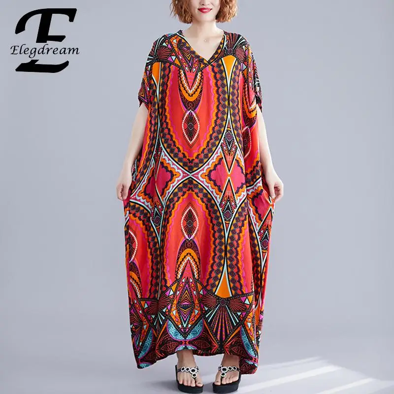 

Elegdream Large Plus Size Women Clothing Fashion Print Summer Holiday Bohemian Beach Wear 2019 Boho Long Maxi Dresses Vestidos
