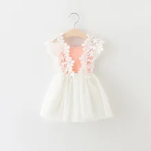 2016 new lace flower baby girls dress sleeveless girls party dress mesh splice newborn girls outfits suit 7-24M vestido infantil