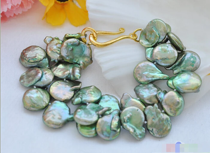 

FREE SHIPPING P3900 2row 8" 15mm coin green Freshwater cultured pearl bracelet