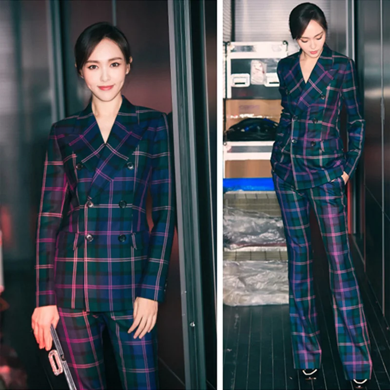 Celebrity Women Runway Stylish Designing Plaid Blazer Suits Flare Pants European Fashion Two-piece Sets Quality Twins Sets Celebrity Women Runway Stylish Designing Plaid Blazer Suits Flare Pants European Fashion Two-piece Sets Quality Twins Sets