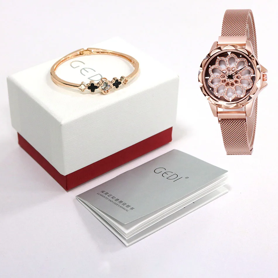 GEDI Women Watches Women Fashion Clock Ladies Watch Top Luxury Brand Quartz Wristwatch Gifts for Women Magnet Mesh Belt New - Цвет: Rosegold Box